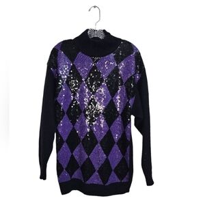 VTG I.B. Diffusion silk rabbit hair wool purple & black sequin mock neck Medium